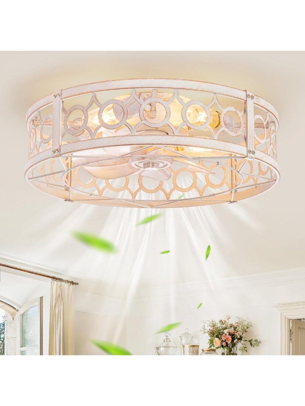 20" Caged Low Profile Ceiling Fan Light with Remote - Modern White & Gold Design
